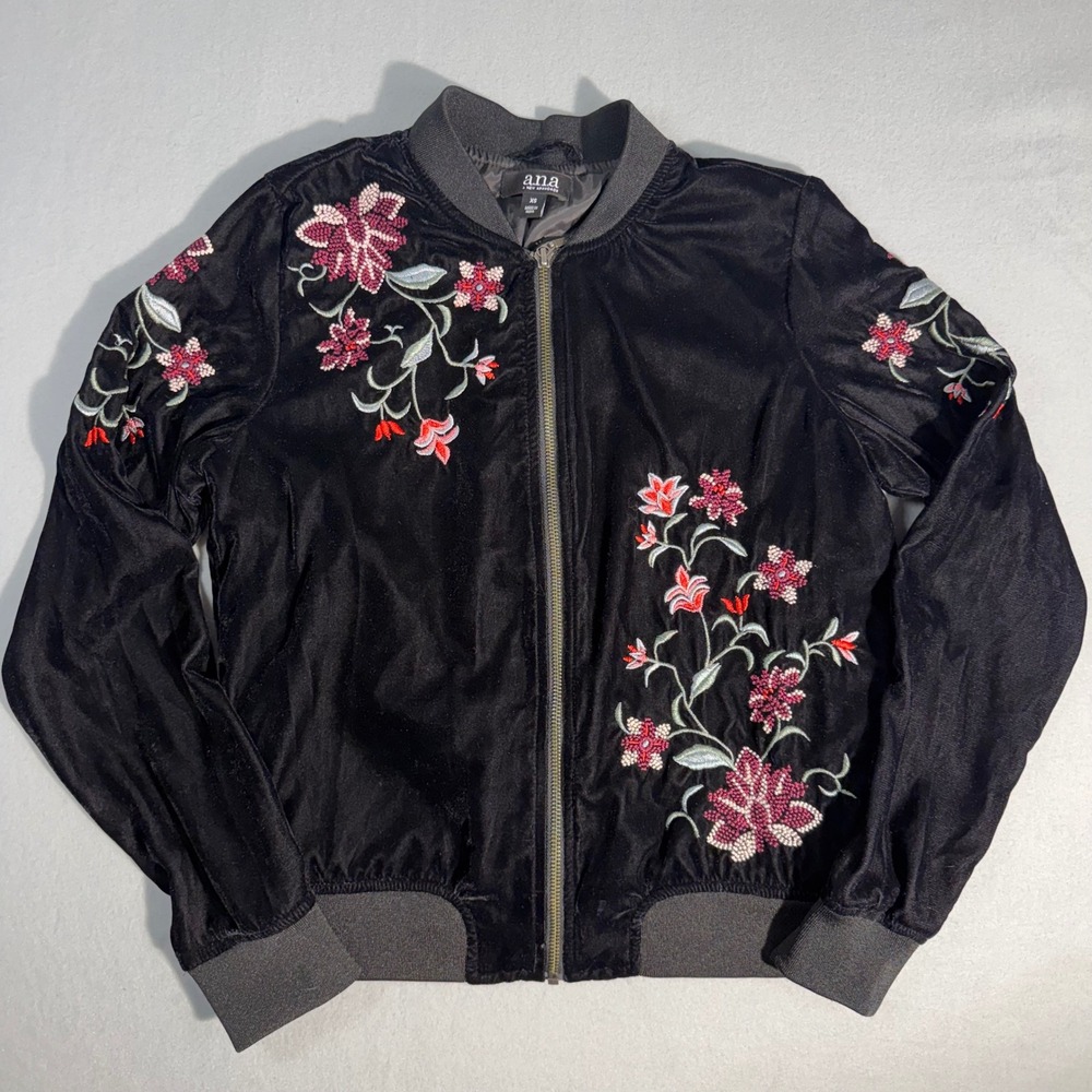 a.n.a Velvet Bomber Jacket Womens XS Black Floral Embroidered Boho
